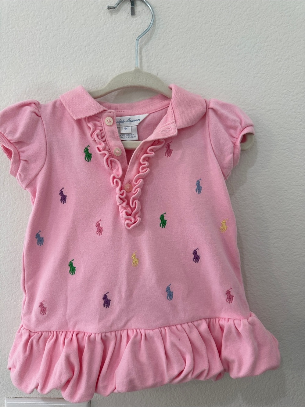Ralph Lauren Pink Ruffle Polo Dress with Multicolor Pony Embroidery